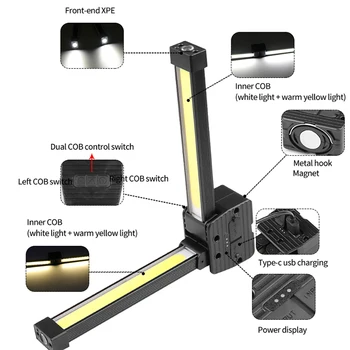 Nešiojamų XPE COB LED Darbo Light Žibintuvėlis USB Įkrovimo Magnetinio Lanterna Kabo Lempa su įmontuota Baterija Kempingas Fakelas - Nuotrauka 2  