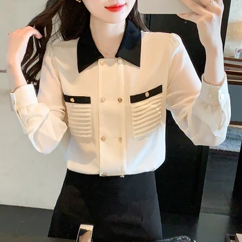 Prancūzų stiliaus polo apykakle šifono marškinėliai moterų 2023 pavasarį, rudenį Office lady naujas Visas rungtynes, Palaidinė Viršų - Nuotrauka 1  