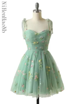 2023 Elegantiškas Šalis Suknelė Prom Dresses Žalia Reguliuojamas Dirželiai Tiulio Mini Vestuves Baigimo Suknelė - Nuotrauka 1  