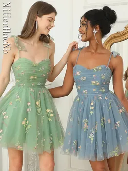 2023 Elegantiškas Šalis Suknelė Prom Dresses Žalia Reguliuojamas Dirželiai Tiulio Mini Vestuves Baigimo Suknelė - Nuotrauka 2  