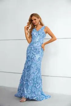 Mėlynos spalvos Nėrinių Vestuvių Suknelė Kamuolys Chalatai Ilgai Aplikacijos V-kaklo, Rankovių Elegantiškas Oficialų Vakarą Partijos Inscenizacija Suknelė Moteris - Nuotrauka 1  