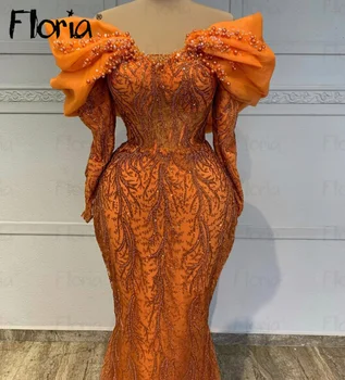 Oranžinė Reljefiniai Rankovės Off Peties Ilgio Garsenybių Suknelės Valtis Kaklo Chalatas de Mariée 2024 Juoda Mergaitė Vakaro Suknelės Afrikos - Nuotrauka 1  