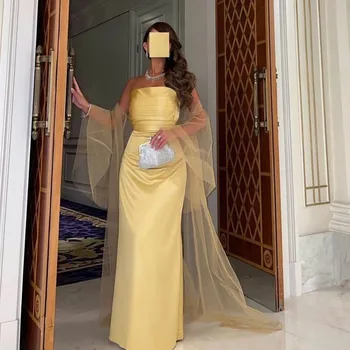 2023 Vėliau Kaip Geltoną Satino Vakaro Suknelės Undinė Starpless Tiulio Pelerinos Promenadzie Suknelė Saudo Arabų Dubajaus Moterų Oficialią Šalies Chalatai - Nuotrauka 1  