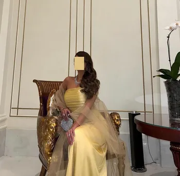 2023 Vėliau Kaip Geltoną Satino Vakaro Suknelės Undinė Starpless Tiulio Pelerinos Promenadzie Suknelė Saudo Arabų Dubajaus Moterų Oficialią Šalies Chalatai - Nuotrauka 2  