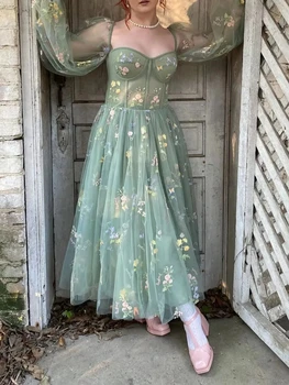 Romantiška Vintage Žalia Promenadzie Suknelė Princesė Sluoksniuotos Ilgomis Rankovėmis Gėlių Siuvinėjimas Moterų Vakarinę Suknelę Kokteilių Merginos Gimtadienis Apranga - Nuotrauka 2  