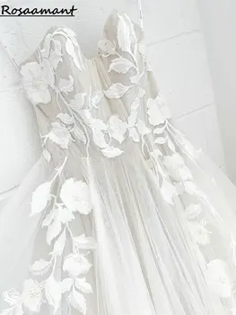 Realus Vaizdas Brangioji Rankovių Vestuvių Suknelės-Line Iliuzija Gėlių Appliques Nėrinių Boho Šalies Vestuvinės Suknelės - Nuotrauka 2  