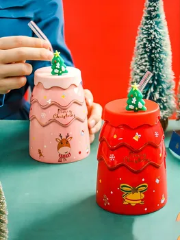 Animacinių filmų Kalėdų Eglutės Formos keramikinis Puodelis Kūrybinės Keramikos Puodelis su Dangteliu Šiaudų Santa Claus Kavos Puodeliai, Pora Vandens Puodelį Dovanų - Nuotrauka 2  