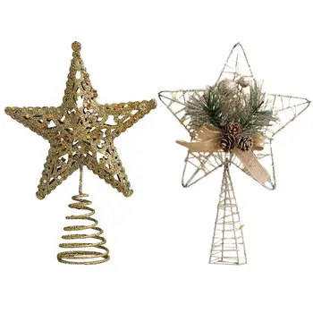 Geležies Blizgučiai Žvaigždė Kalėdų Medis Viršų Papuošalai, Aukso 3D Penkių Žvaigždučių Pušies Kankorėžis Gėlių Kalėdos Medžių Topper Linksmų Kalėdų Apdaila - Nuotrauka 1  