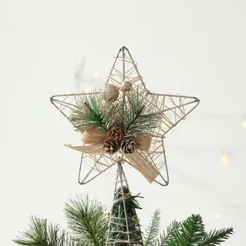 Geležies Blizgučiai Žvaigždė Kalėdų Medis Viršų Papuošalai, Aukso 3D Penkių Žvaigždučių Pušies Kankorėžis Gėlių Kalėdos Medžių Topper Linksmų Kalėdų Apdaila - Nuotrauka 2  