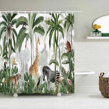 3D Tropinių Augalų Palmių Gyvūnų Dušo Užuolaidos Vonios Užuolaidos Vandeniui Polyeste Audinio Vonia Dekoro su 12 Kabliukų - Nuotrauka 1  