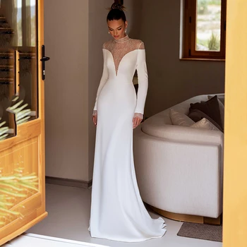 Eightree Elegantiška Balta Undinė Vestuvių Suknelės 2024 Ilgomis Rankovėmis Aukštu Kaklu Nuotakos Suknelė Boho Paplūdimys Vestuvių Prom Chalatai Pasirinktinis Dydis - Nuotrauka 1  