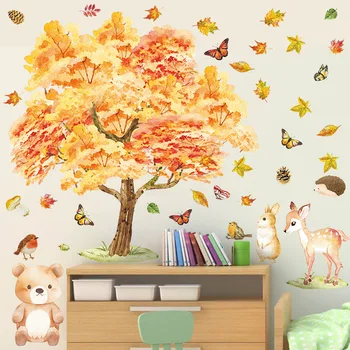 Rudenį Vaikų Kambario Sienų Lipdukai Animaciją Akvarele Džiunglių Gyvūnų Didelis Medis, Vaikų Kambarys Lipdukas Kambarį Tapetai Miegamajame - Nuotrauka 1  