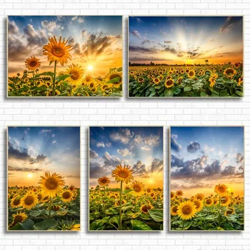 Saulėgrąžų Laukas Saulėlydžio Energingas Kraštovaizdžio Sienos Meno Tapybos Drobės Gražių Gėlių, Idealiai tinka gyvenamojo Kambario Dekoro - Nuotrauka 1  