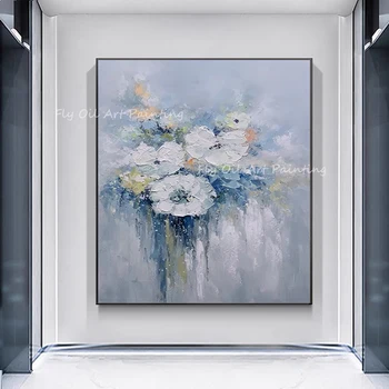100% Rankų darbo baltą gėlę didelio dydžio paprasta, gryna pilka canavs aliejaus tapybai namų dekoravimo, dovanų unframe - Nuotrauka 2  
