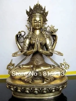Tibeto bronzos Keturi ginkluoti guanyin budos statula (AUKŠTIS 21CM - Nuotrauka 1  