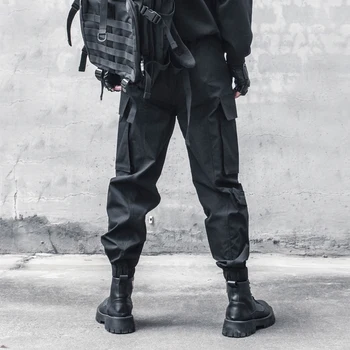 Black Multi-Pocket Motociklo Dviratininkas Nišą, Darbo Drabužiai Vyrams Kulkšnies-Susieta Tamsiai Lauko Multi-Pocket Moteris Techwear Stiliaus Kelnės Kelnės - Nuotrauka 1  