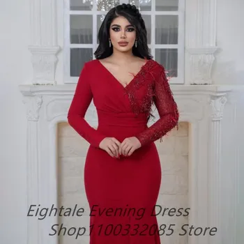 Eightale 2022 Raudona Undinėlės V-Kaklo, Ilgomis Rankovėmis Arabų Prabanga Vakarinę Suknelę Appliques Karoliukai Prom Šalis Suknelė Dubajus Skraiste Soirée Femme - Nuotrauka 2  