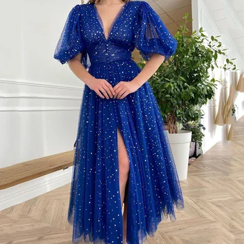Elegantiškas Royal Blue Vakare Šalis Suknelės Sluoksniuotos Trumpas Sleves 2021 Star Mėnulis Tiulio Promenadzie Suknelė Kulkšnies Ilgio Chalatas de Soriee Padalinti - Nuotrauka 1  