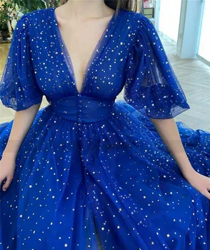 Elegantiškas Royal Blue Vakare Šalis Suknelės Sluoksniuotos Trumpas Sleves 2021 Star Mėnulis Tiulio Promenadzie Suknelė Kulkšnies Ilgio Chalatas de Soriee Padalinti - Nuotrauka 2  