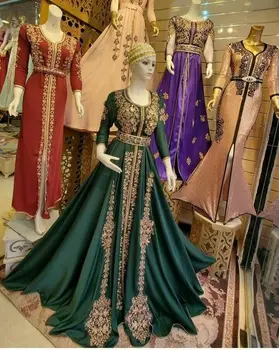 Hunter Green Musulmonų Arabų Keltas Suknelės Ilgomis Rankovėmis Aukso Nėrinių Aplikacijos Zawalcowany Dėmių Tunisien Caftan Maroko Vakare Gown - Nuotrauka 1  
