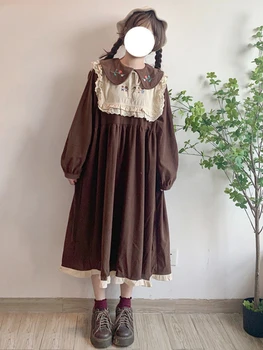 HOUZHOU Kawaii Lolita Dress Moterų Japonų Siuvinėjimo Preppy Stiliaus ilgomis Rankovėmis Suknelės Saldus Peter Pan Apykaklės Sluoksniuotos Rankovėmis Laisvas - Nuotrauka 1  