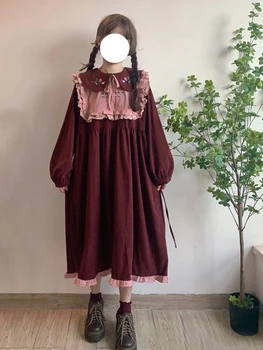 HOUZHOU Kawaii Lolita Dress Moterų Japonų Siuvinėjimo Preppy Stiliaus ilgomis Rankovėmis Suknelės Saldus Peter Pan Apykaklės Sluoksniuotos Rankovėmis Laisvas - Nuotrauka 2  
