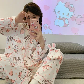 Sanrio Hello Kitty Rudenį Saldus Mergina Pajama Nustatyti Savo Melodija Anime Y2K Japonija ilgomis Rankovėmis Kelnės Studentų Namų Drabužiai Moterims Pijama - Nuotrauka 1  