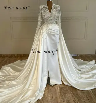 2023 arabų Dramblio kaulo V Kaklo Undinė Vestuvių Suknelės, su Nuimamu Traukinio Perlai Zawalcowany ilgomis Rankovėmis Satin Prabangus Vestuvinės Suknelės - Nuotrauka 1  