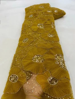 Aukso Tinklelio su Blizgančiais 2023 Prabanga Puošnios Nėrinių Audinio Suknelė Vestuvių Audinio Afrikos 3dFrench Tiulio Net Siuvimo Medžiagos 5 Metrų - Nuotrauka 1  