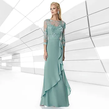 Elegantiškas Šviesiai Ežero Mėlynos Spalvos Šifono Motina Nuotakos Suknelės Vestuvėms Grindų Ilgis Oficialią Šalies Vakarinę Suknelę - Nuotrauka 1  