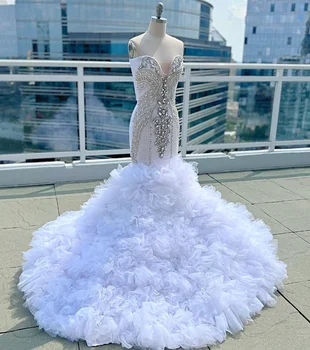Baltos Spalvos Elegantiškas Vakarines Sukneles Stora Apvalkalą Aplikacijos Deimantų Dizaino Slidinėti Nėrinių Apačia Suknelės Prabangių Vakarinių Suknelių 2024 - Nuotrauka 1  