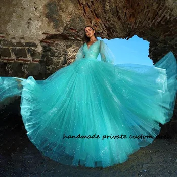 Putojančio Mėlyna Prom Šalis Suknelės, Uždusęs Ilgomis Rankovėmis Linijos Pasakų Homecoming Suknelė Ilga Moterų Švęsti Proga Chalatai Individualų - Nuotrauka 1  
