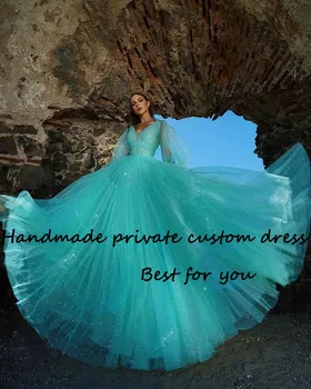 Putojančio Mėlyna Prom Šalis Suknelės, Uždusęs Ilgomis Rankovėmis Linijos Pasakų Homecoming Suknelė Ilga Moterų Švęsti Proga Chalatai Individualų - Nuotrauka 2  
