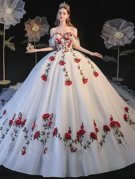 2023 Spalvingas Siuvinėjimo Vestuvių Suknelės nuo Peties Teismas Traukinio Prabangos Valtis Kaklo Elegantiška Raudona Rožė Princesė Vestuvinės Suknelės - Nuotrauka 1  