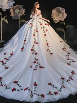 2023 Spalvingas Siuvinėjimo Vestuvių Suknelės nuo Peties Teismas Traukinio Prabangos Valtis Kaklo Elegantiška Raudona Rožė Princesė Vestuvinės Suknelės - Nuotrauka 2  