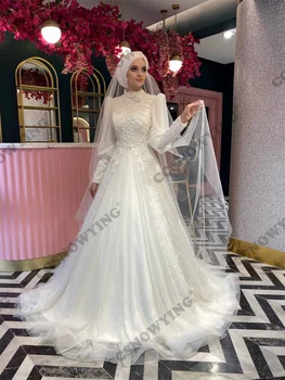 Elegantiškas Appiques Musulmonų Vestuvių Suknelė Nuotakos ilgomis Rankovėmis Islamo Vestuvinės Suknelės Aukšto Kaklo Moterų Hijab arabų Chalatas De Mariée - Nuotrauka 1  