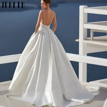 JEHETH Derliaus Spagečiai Dirželiai Vestuvių Suknelė 2024 Classic-Line Rankovių Vestuvinės Suknelės Aikštėje Apykaklės Backless Chalatas De Mariée - Nuotrauka 2  