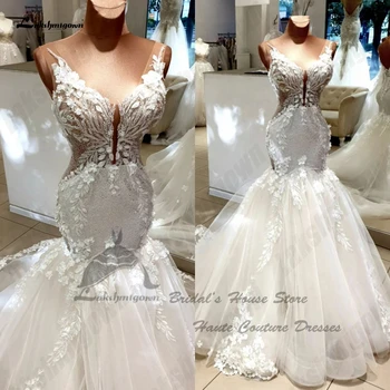Lakshmigown Prabanga Undinė Vestuvių Suknelės 2024 Gėlių Nėrinių Crystal Šviesos Šampano Bažnyčios Nuotakos Suknelės Pasinėrus Atvira Nugara - Nuotrauka 1  
