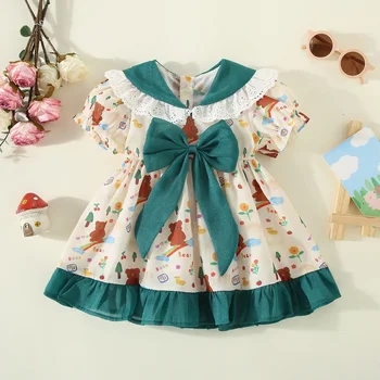 Vasaros mergaitės trumpi rankovėmis suknelė baby girl lankas nėrinių atvartas animacinių filmų spalvų atitikimo burbulas rankovės princesė sijonas - Nuotrauka 1  