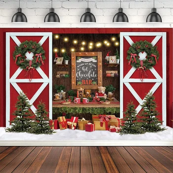 Kalėdų Fotografijos Fonas Red Barn Durys Pušies Medžio Žaislas Dovana Šiltos Žiemos Karštas Šokoladas Kalėdos Fone Šalis Dekoras Reklama - Nuotrauka 1  