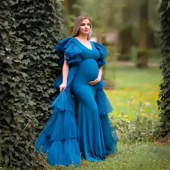 Mėlyna Prom Dresses, su Nuimamu Traukinio Bžūp Rankovėmis Maxi Suknelė Tiulio Raukiniai Baby Shower Suknelė Fotografijos Rekvizitai Vestido de Novia - Nuotrauka 1  