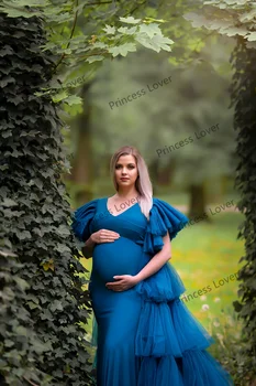 Mėlyna Prom Dresses, su Nuimamu Traukinio Bžūp Rankovėmis Maxi Suknelė Tiulio Raukiniai Baby Shower Suknelė Fotografijos Rekvizitai Vestido de Novia - Nuotrauka 2  