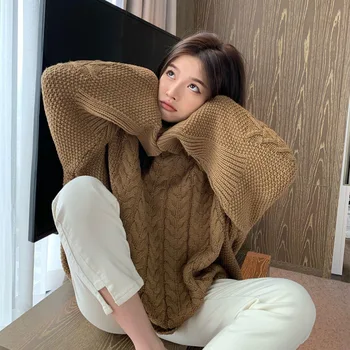 Džemperis moterims rudens ir žiemos naujų korėjos stilius laisvas tingus stiliaus megztinis vientisų spalvų apvalios kaklo, ilgomis rankovėmis megzti viršų - Nuotrauka 1  