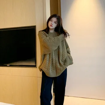 Džemperis moterims rudens ir žiemos naujų korėjos stilius laisvas tingus stiliaus megztinis vientisų spalvų apvalios kaklo, ilgomis rankovėmis megzti viršų - Nuotrauka 2  