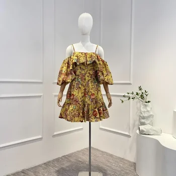 2023 Nauja Pavasario Vasaros Aukščiausios Kokybės Geltona Derliaus Gėlių Spausdinti Sluoksniuotos Rankovėmis Dirželis Pinikai Raukšlės Moterį Mini Suknelė - Nuotrauka 1  