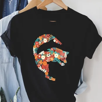 Top Trumpas Rankovėmis Atspausdintas Modelis Įdomus Vasaros Spausdinti Mielas Gyvūnų Apvalios Kaklo Moterų Mados T-Shirt Juoda Pagrindinio Drabužių T-Shirt - Nuotrauka 1  