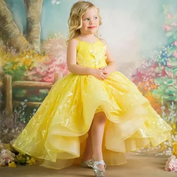 Geltonos Spalvos Nėrinių Gėlių Mergaičių Suknelės Vestuves Dirželiai Inscenizacija Suknelės Rankovių Tiulio Appliqued Grindų Ilgis Vaikai - Nuotrauka 1  