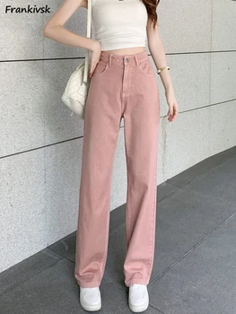 Džinsai Moterims, Rožinė Tiesiai Visas rungtynes, Kasdien Streetwear Pavasario Kietas Aukšto Juosmens Laisvalaikio Japonų Stiliaus Kelnės Visas Ilgis Paprasta - Nuotrauka 1  